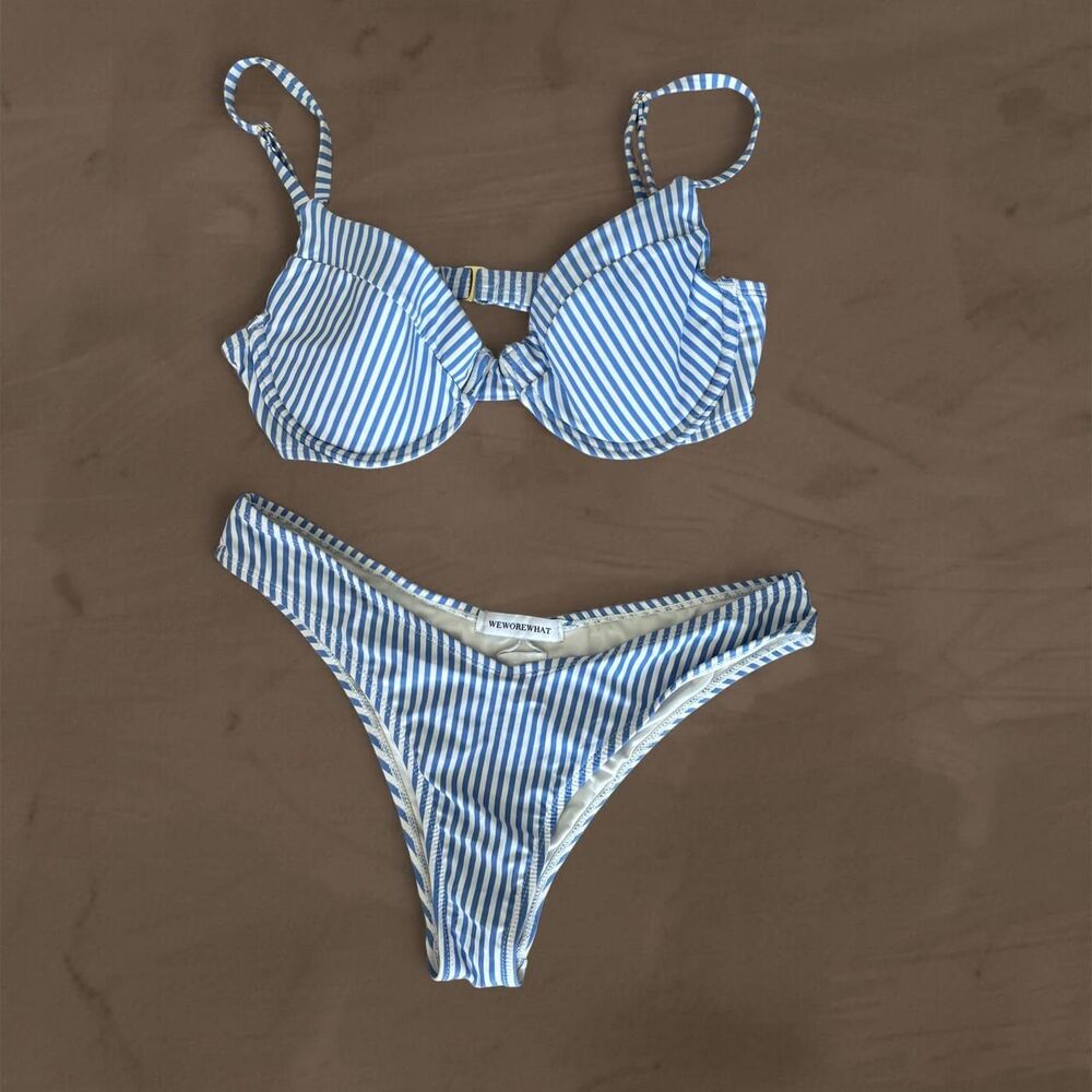 We Wore What blue striped bikini set size M